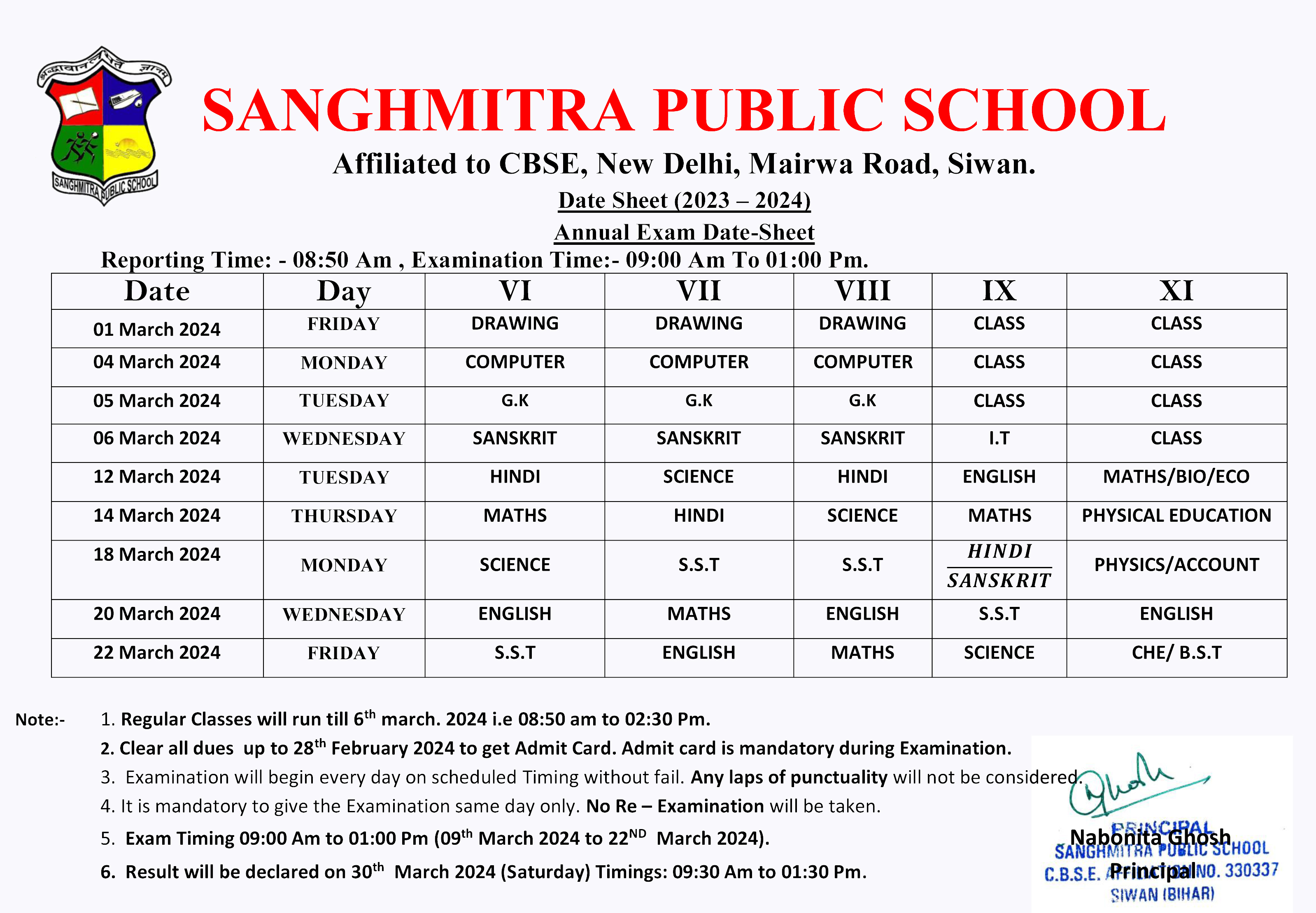 Annual Exam date sheet SPS